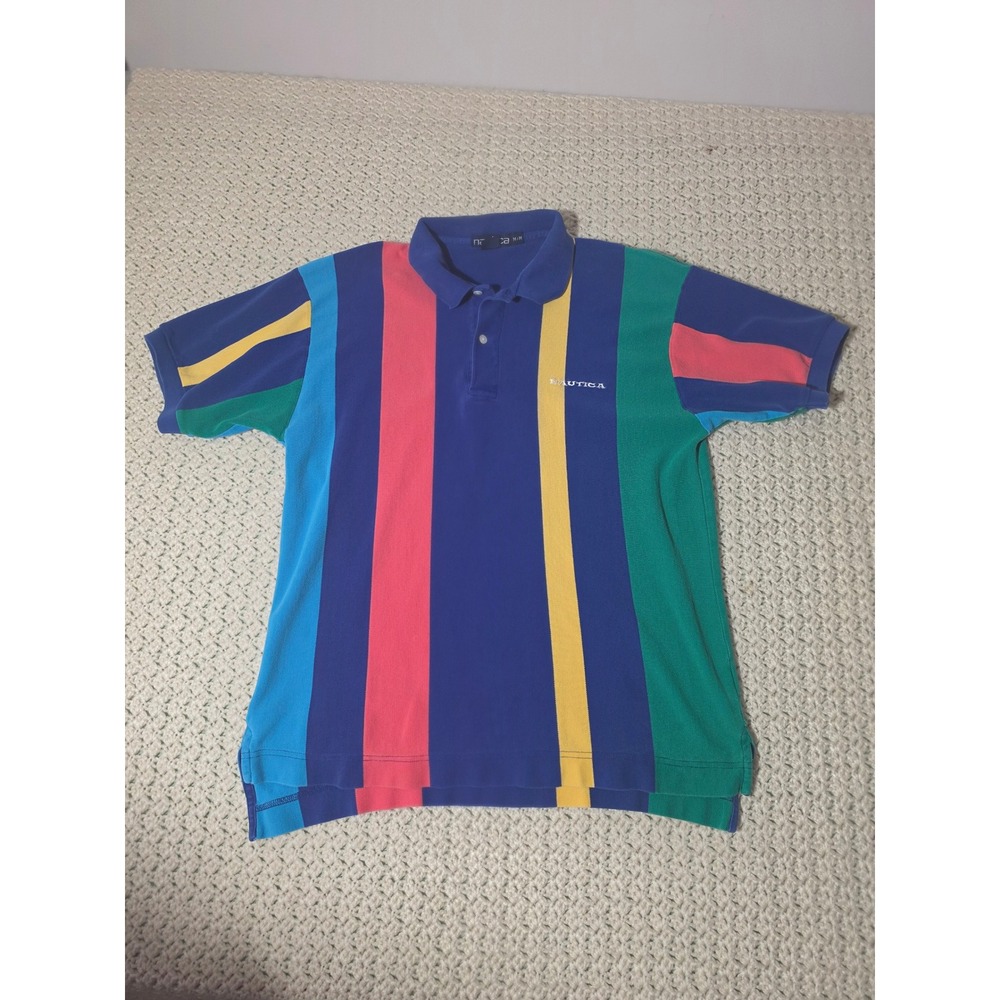 Nautica Polo Shirt Mens Medium Multicolor Vertical Stripe Excellent Cotton Pique
